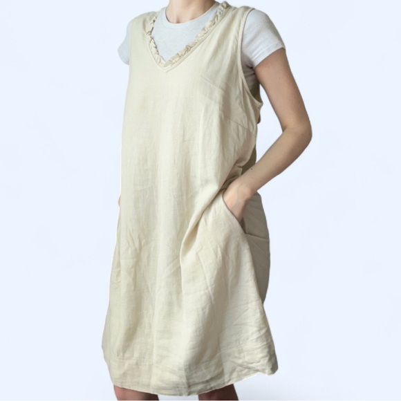 Briggs New York Womens Cream Boho Linen Blend Apron Ruffle Midi Dress Medium - Picture 2 of 7
